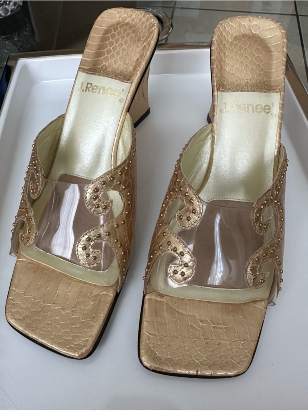 J.Renee Metallic Gold Clear Strap Mule Heels